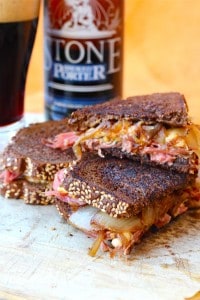 Stout Caramelized Onion, Corned Beef, and Sauerkraut Sandwich