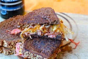 Stout Caramelized Onion Corned Beef and Sauerkraut Sandwich