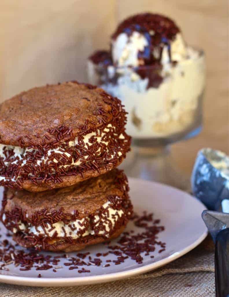 dark chocolate cookies with rich coffee ice cream sandwiches
