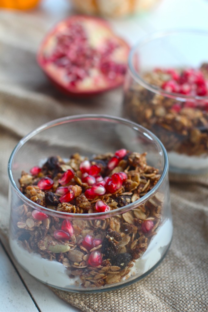 Pumpkin Spice Granola with Dried Cranberries and Fresh Pomegranate Seeds 
