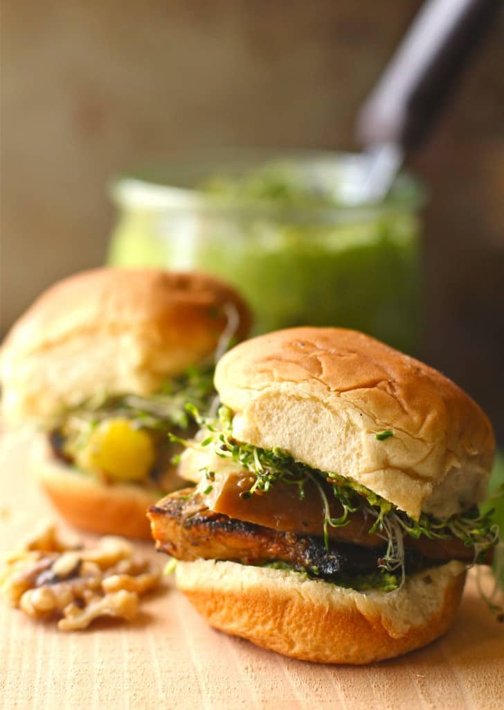 Chicken Sandwich with Walnut Kale Basil Pesto and Sprouts