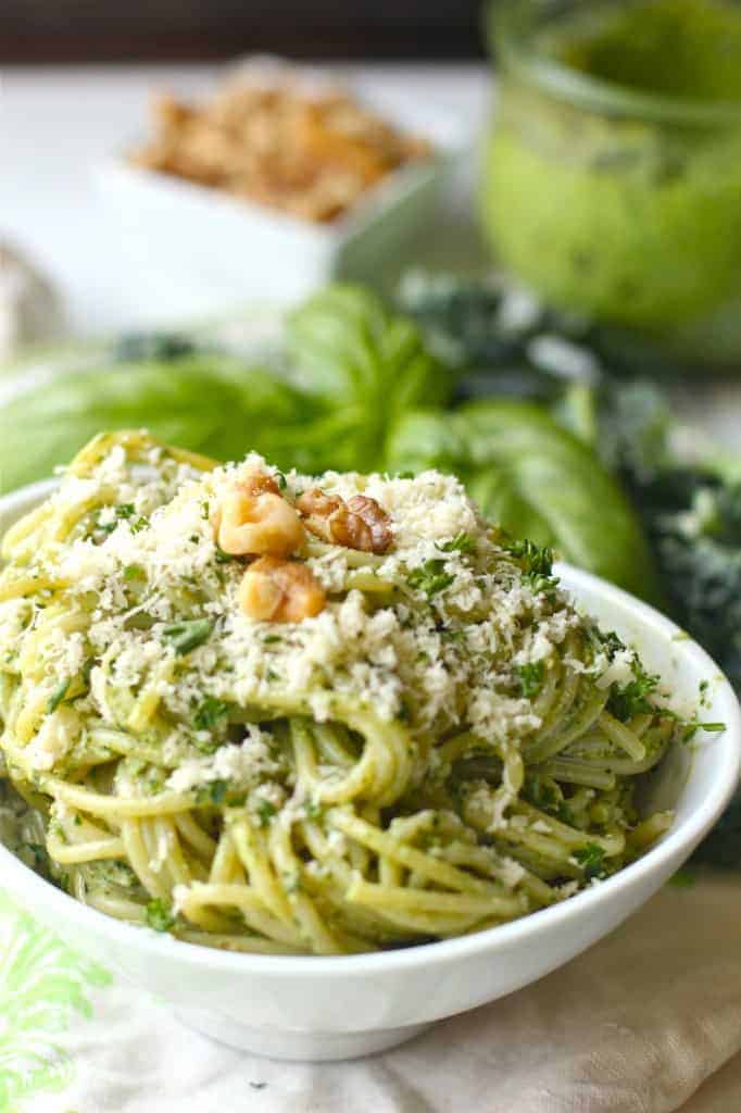 Walnut Kale Basil Pesto Over Pasta