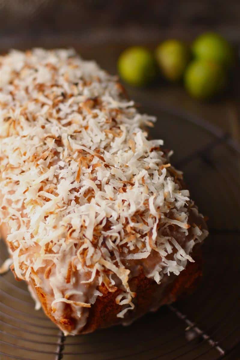 Lemon Coconut Pound Cake with Lime Glaze and Coconut Shavings 