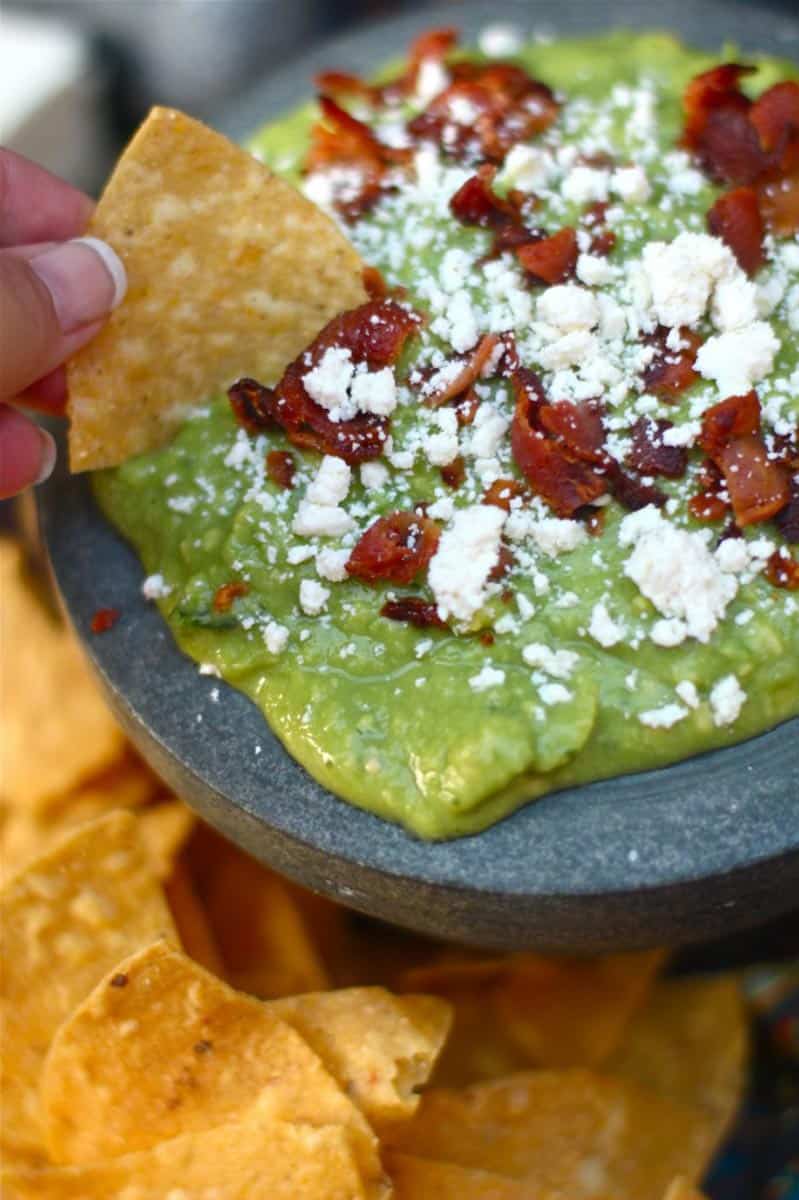 Bacon-Cotija Guacamole with Cotija Crumbles and Bacon Bits