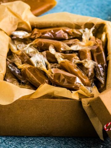 brown sugar caramels in a brown gift box for gifting.
