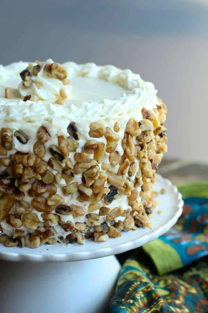 Walnut Garnished Gluten Free Carrot Cake with Cream Cheese Frosting