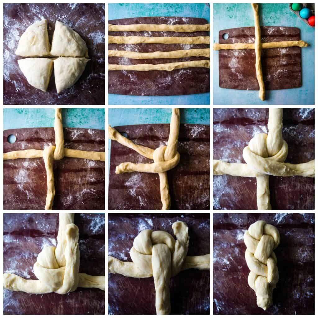 step by step collage for easter brioche egg braid loaf