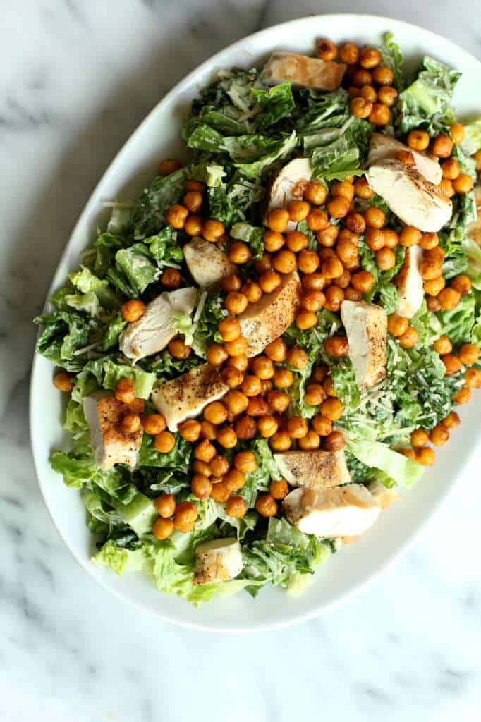 chicken caesar salad with chickpea croutons