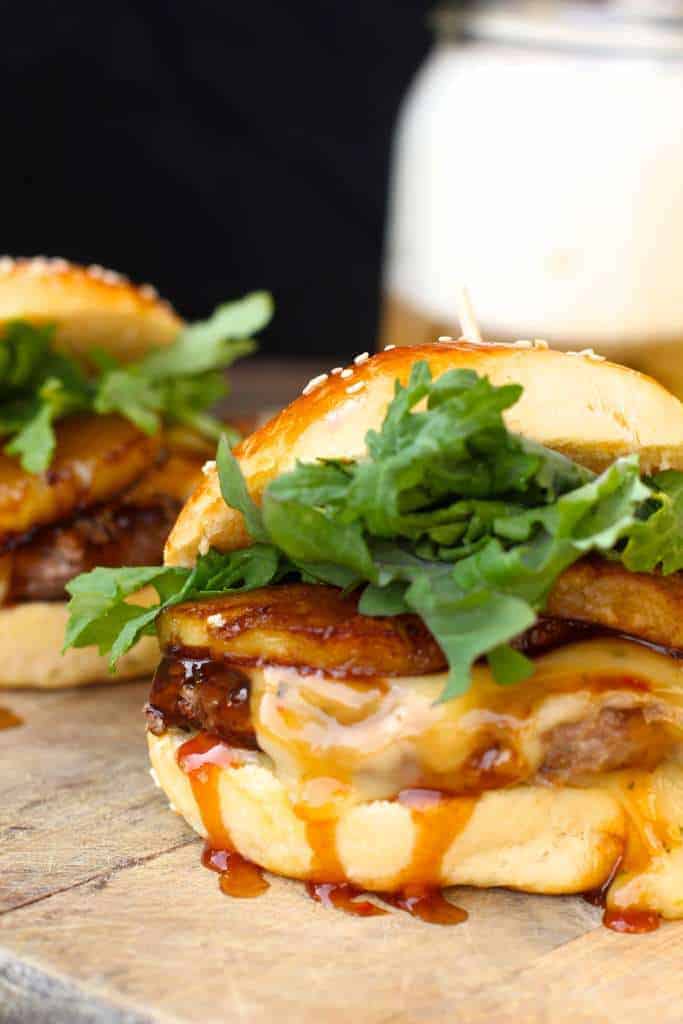 Grilled Teriyaki Burgers with grilled pineapple