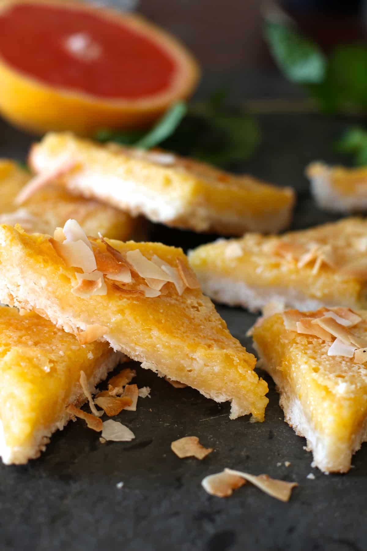 A new take on a classic, these grapefruit bars are tangy and delicious with a sweet coconut shortbread base