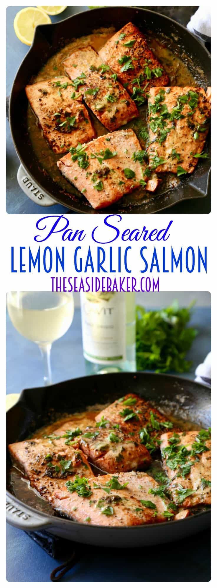 Quick and easy pan seared lemon garlic salmon that is full of flavor and ready in under 20 minutes!
