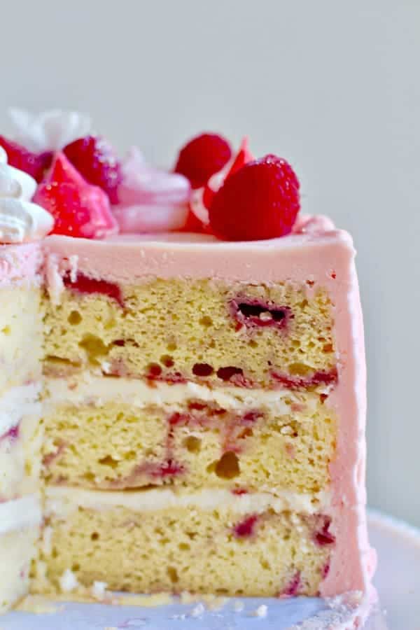 delicious 3 layer raspberry cake with raspberry buttercream