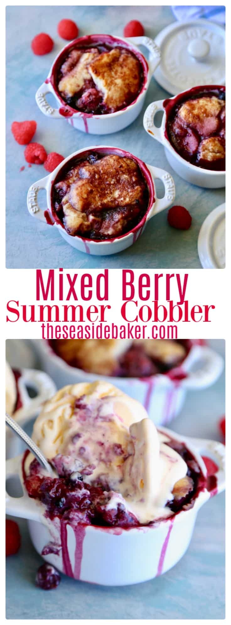 Blueberry, blackberry, and raspberry summer cobbler topped with buttery delicious cakey topping sprinkled with cinnamon and sugar