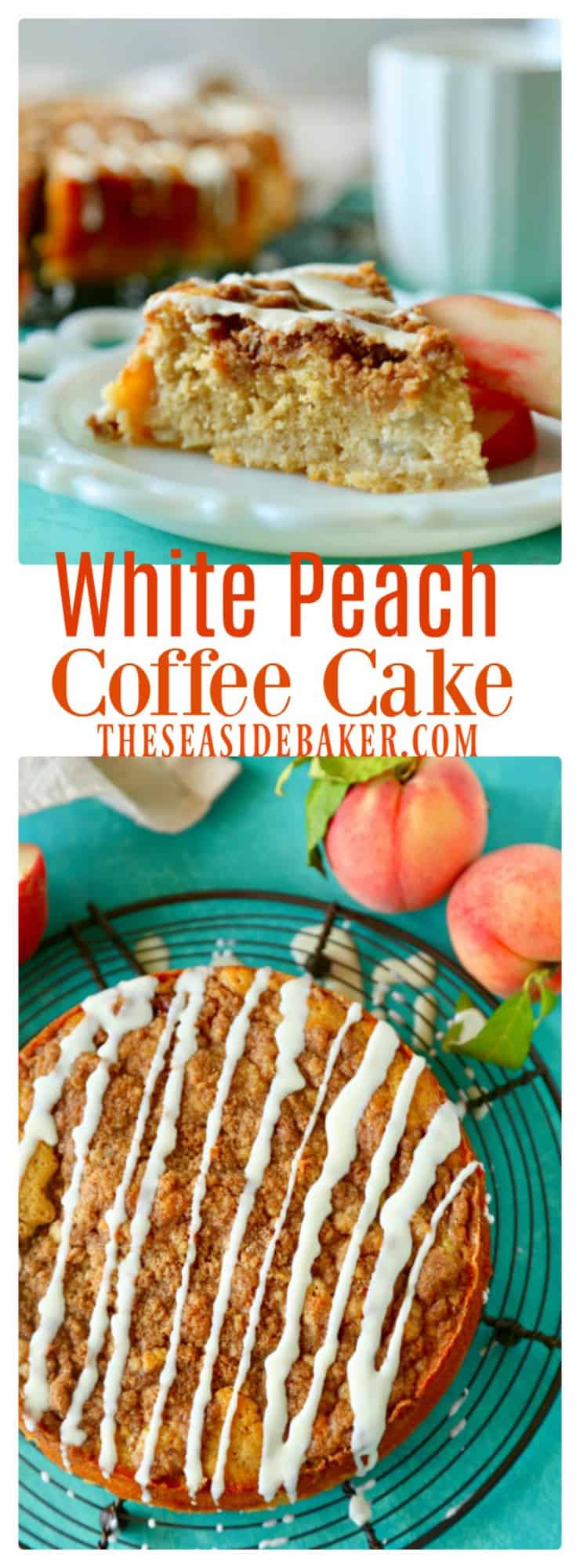 This White Peach Coffee Cake starts with a sweet butter cake studded with fresh peach chunks and topped with a delicious brown sugar crumb topping.