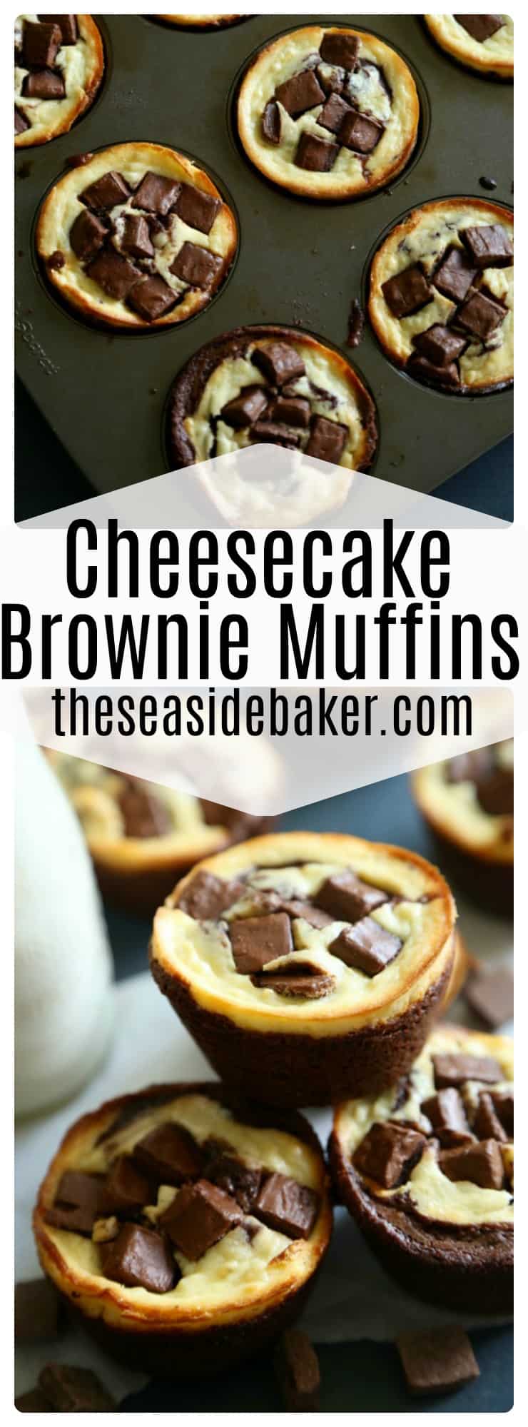 A rich chocolatey brownie bottom topped with a silky cheesecake topping and chocolate chunks. These black and white brownies will be your new favorite desert muffin. 