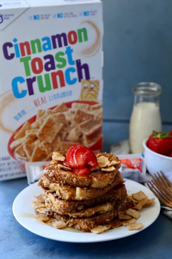 A crushed Cinnamon Toast Crunch  coated french bread that is crispy on the outside and soft in the center. Makes for the perfect fun breakfast or brunch. 