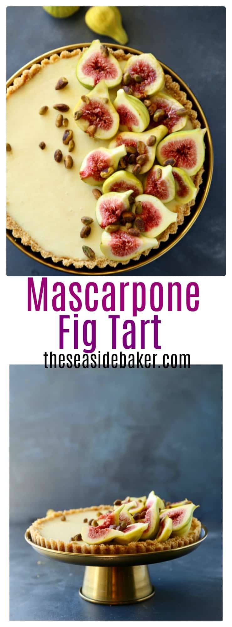 Stunning no bake mascarpone tart topped with fresh tiger figs, honey, and pistachios