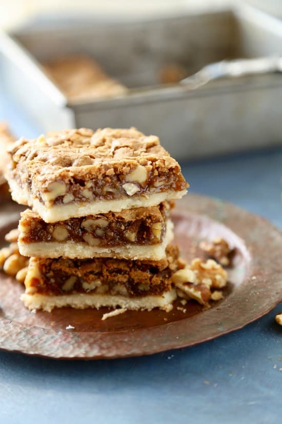 Brown sugar walnut bars have a buttery shortbread base and a sweet brown sugar walnut topping. 