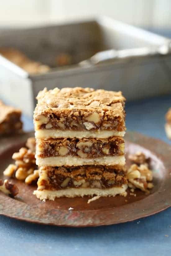Brown sugar walnut bars have a buttery shortbread base and a sweet brown sugar walnut topping. 