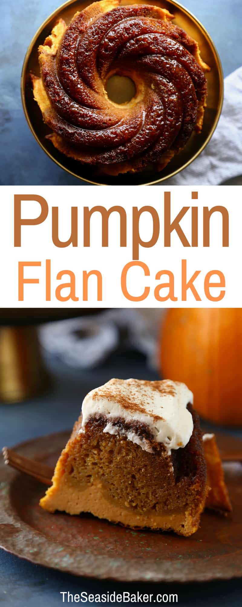 Two desserts in one, this cake has a delicious pumpkin spice cake layer and a pumpkin custard flan layer! It makes the perfect fall dessert!
