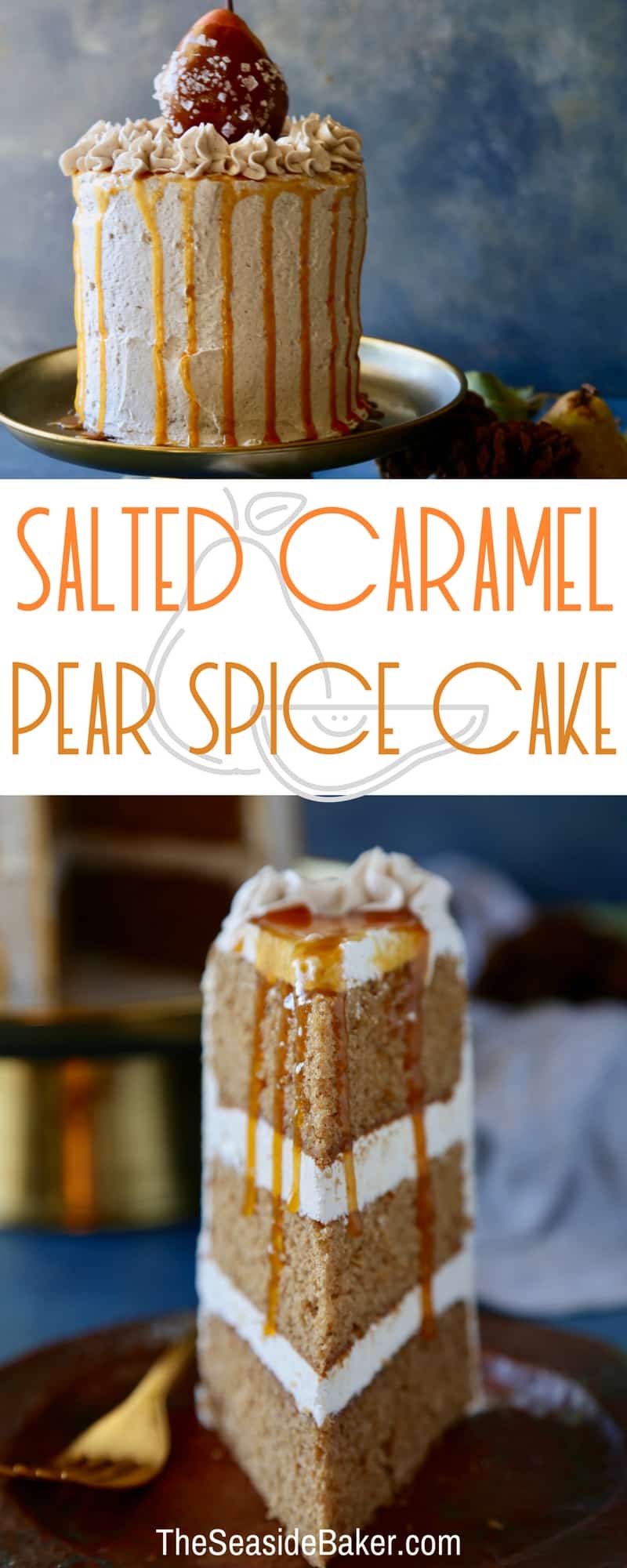 Pear Studded Spice Cake layers, topped with cinnamon buttercream, pear filling and more salted caramel
