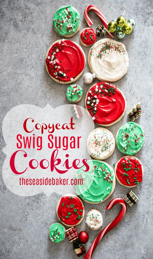 Swig Sugar Cookies - the perfect cross between a sugar cookie and shortbread ! These are deliciously soft and chewy. And they are topped with a generous layer of sweet and creamy frosting, which makes the ideal canvas for holiday decorating! | #TheSeasideBaker #ChristmasCookies #sugarcookies | See this and other delicious recipes at TheSeasideBaker.com