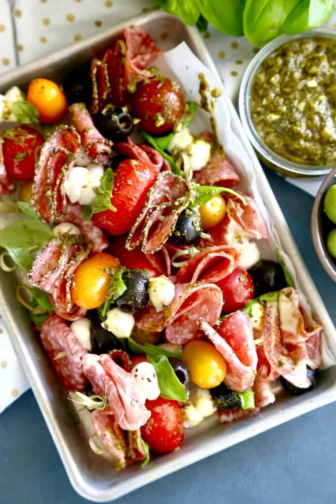 Antipasto Skewers with Pesto - The Seaside Baker