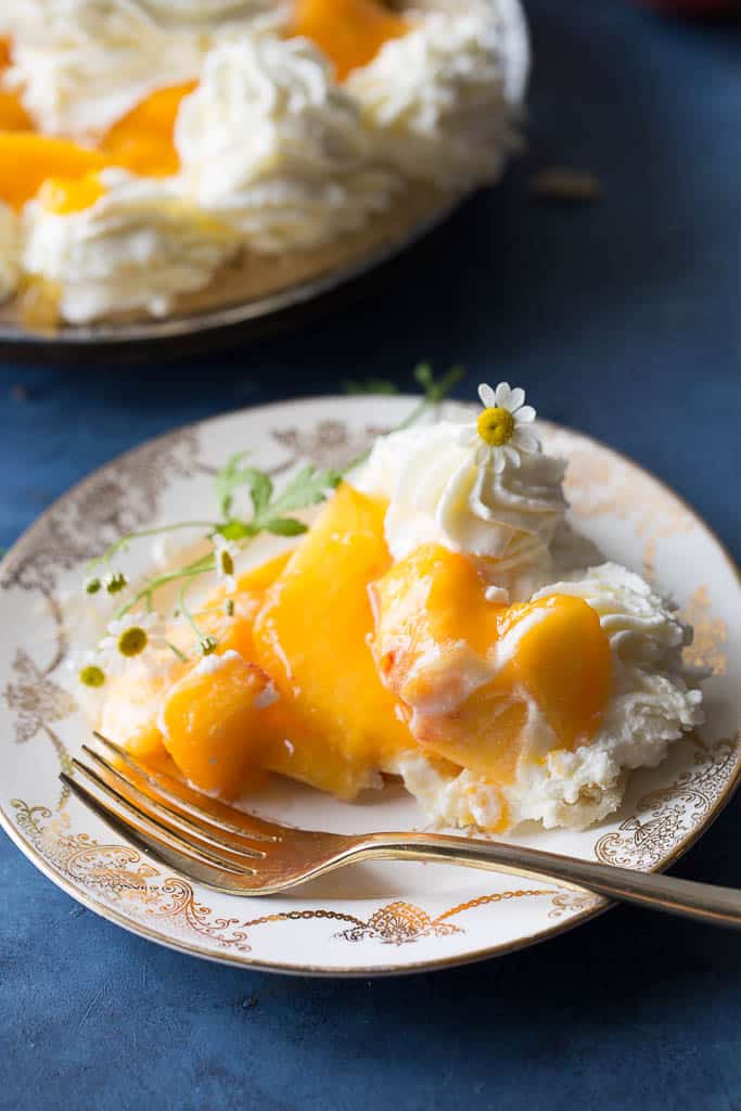 Fresh Peach Pie slice on a decorative plate