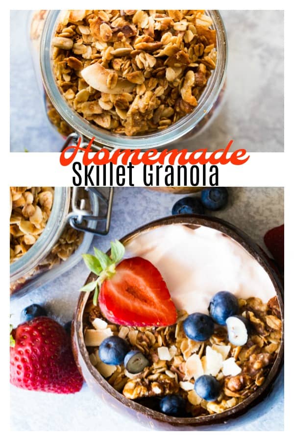 A delicious recipe of Homemade Skillet Granola from The Camp & Cabin Cookbook. This recipe is perfect for breakfast, snaking, and even dessert! #camping #campfood #breakfast #batchcooking