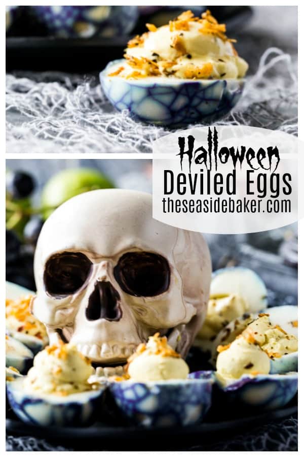 Frightfully fun Halloween treats! | These spooky spider Halloween Deviled Eggs are the perfect appetizer to serve at your Halloween party or on Halloween night! Your little ghouls and goblins will be sure to love this great protein-packed snack before heading out to trick-or-treat | See this and other spooktacular Halloween recipes at TheSeasideBaker.com | #halloween #deviledeggs