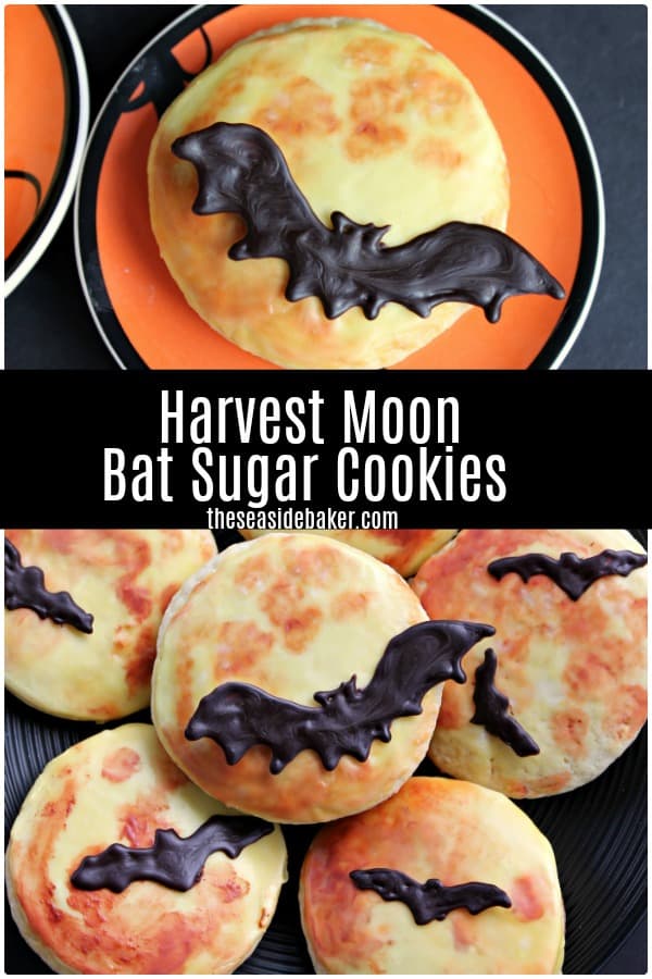 Harvest Moon Bat Sugar Cookies | These delicious Halloween masterpieces are as fun to make as they are to eat! The kids will love helping you make them. And thanks to the addition of sour cream, these sugar cookies are moist and flavorful - so they taste AMAZING too! | #sugarcookies #halloween | See this and other delicious recipes at TheSeasideBaker.com