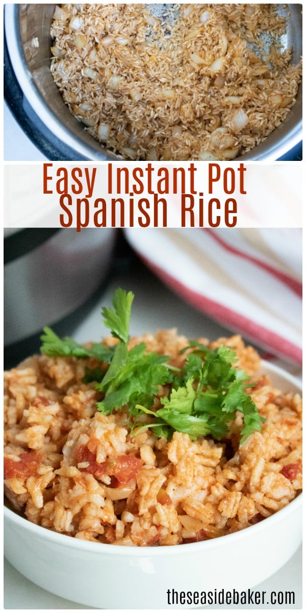 Instant Pot Spanish Rice - made with white rice, onions, peppers, garlic and tomatoes, Quick and easy! I'll often whip up a double batch on Taco Tuesday and stash the extra in the fridge to use throughout the week. It's perfect for making casseroles, stuffing into wraps, or adding into hearty soups. | #InstantPot #SpanishRice | See this and other delicious recipes at TheSeasideBaker.com