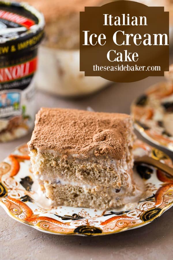 An Italian Ice Cream Cake that combines the flavors of San Bernardo Tiramisu and Cannoli flavored ice cream for a delicious new spin on a classic dessert! | See this and other scrumptious recipes at TheSeasideBaker.com | #icecreamcake #ad