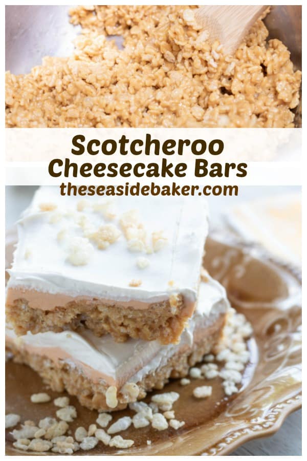 These Scotcheroo Cheesecake Bars are everything you love about rich and creamy cheesecake combined with sweet and crispy Scotcheroos - the perfect mash-up! Plus they're quick and easy to make AND no-bake! | See this and other delicious recipes at TheSeasideBaker.com | #Scotcheroo #cookiebars
