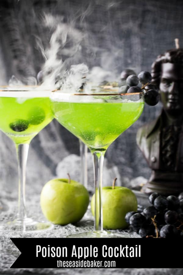 Looking for some adults-only Halloween fun? Then you'll love this Poison Apple Halloween Cocktail with it's vibrant green color - it screams Halloween! Plus it's crisp, tart, and delicious! | Or try the non-alcoholic mocktail version. | See this and other spooktacular Halloween recipes at TheSeasideBaker.com | #Halloween #alcoholicdrink