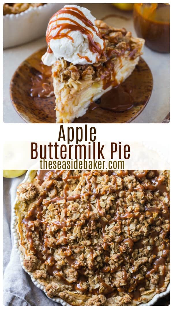 Apple Buttermilk Custard Pie with Streusel Topping - perfect for the holidays! You'll love the addition of the rich and creamy custard filling and the streusel topping gives it a caramelized crunch that is a delicious departure from the traditional fall apple pie recipe. | #TheSeasideBaker #ApplePie #fallrecipes #custardpie #streusel | See this and other delicious recipes at TheSeasideBaker.com
