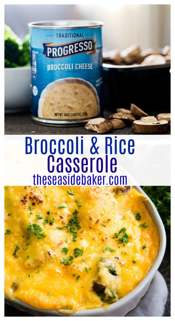 Easy Broccoli Rice Casserole | A hearty casserole that gets its rich creamy base from Progresso Broccoli Cheese soup. A perfect way to use up leftover rice or broccoli from the night before! Serve as a side dish or add some chicken, sausage or ground turkey for a one-dish entrée. So easy to make ahead and freeze for later. | #TheSeasideBaker #broccoli #casserole #rice #dinnerrecipe | See this and other delicious recipes at TheSeasideBaker.com