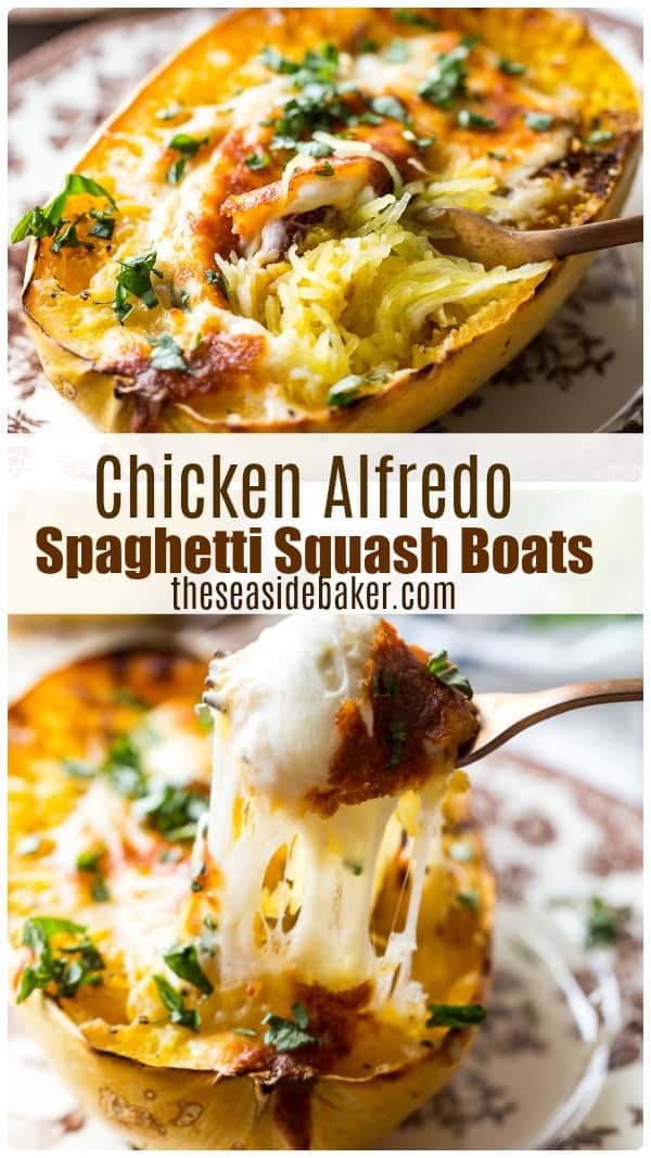 Chicken Alfredo Spaghetti Squash Boats - a fun, flavorful, easy and satisfying spin on traditional spaghetti squash! And who doesn't love Chicken Alfredo? Combine the two and you have the perfect light dinner! | #spaghettisquash #chickenalfredo | See this and other delicious recipes at TheSeasideBaker.com