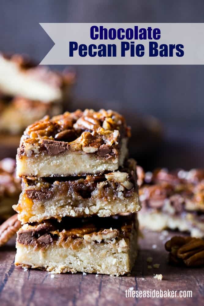 These chewy Chocolate Pecan Pie Bars combine the holiday flavor of pecan pie with rich chocolate and a buttery shortbread crust. The perfect addition to your Thanksgiving table - they're delectable, indulgent and irresistible! And be sure to click through for an adults-only version too! | #TheSeasideBaker #chocolate #pecanpie | See this and other delicious recipes at TheSeasideBaker.com