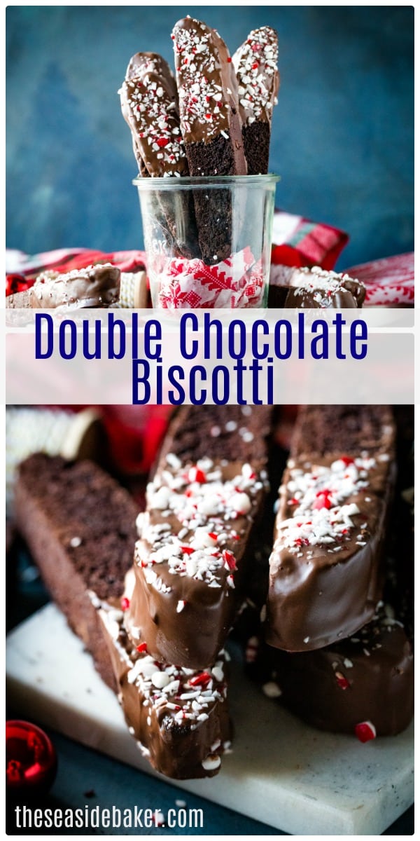 These Double Chocolate Biscotti are destined to become your new favorite holiday cookie. Festive and flavorful, they are ideal for cookie swaps, party dessert platters and for gifting to all those chocoholics in your life. You can even vary the toppings! And since they keep so well (several weeks stored in an air-tight container and up to 3 months in the freezer), you can bake them ahead of time and avoid that last minute holiday stress. | #biscotti #Chocolaterecipe #TheSeasideBaker
