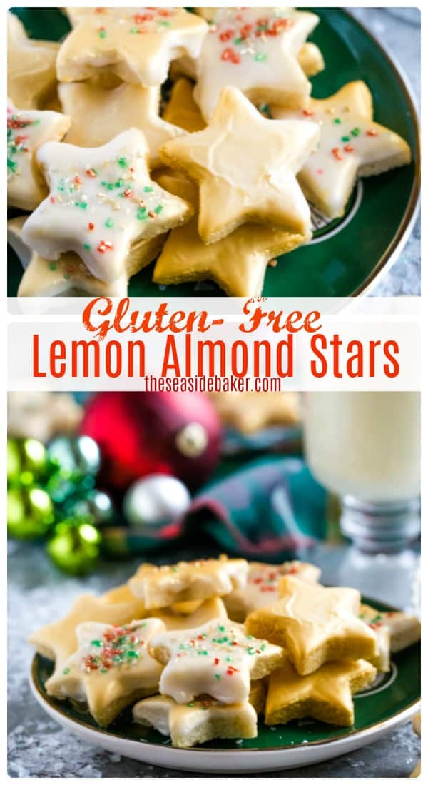 Lemon Star Cookies - a quick and easy recipe that is both Gluten Free and Dairy Free -not to mention delicious! With only 6 ingredients, you can make 50 (!) cookies in less than 30 minutes. The festive star shape and edible gold finish adds a sophisticated touch that only looks complicated - but isn't! | #TheSeasideBaker #lemonrecipes #Christmascookies | See this and other delicious recipes at TheSeasideBaker.com
