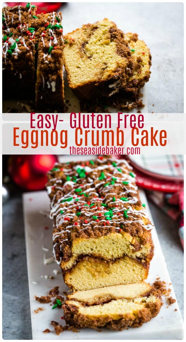 This Eggnog Crumb Cake is moist, delicious and full of festive seasonal flavors. Plus it's gluten-free AND you can make it a day or two ahead-of-time (perfect for Christmas morning)! Add a taste of the holidays by replacing the water with eggnog. It's the perfect way to start your day during the holiday season! | #theseasidebaker #crumbcake #eggnog #Christmas | See this and other delicious recipes at TheSeasideBaker.com