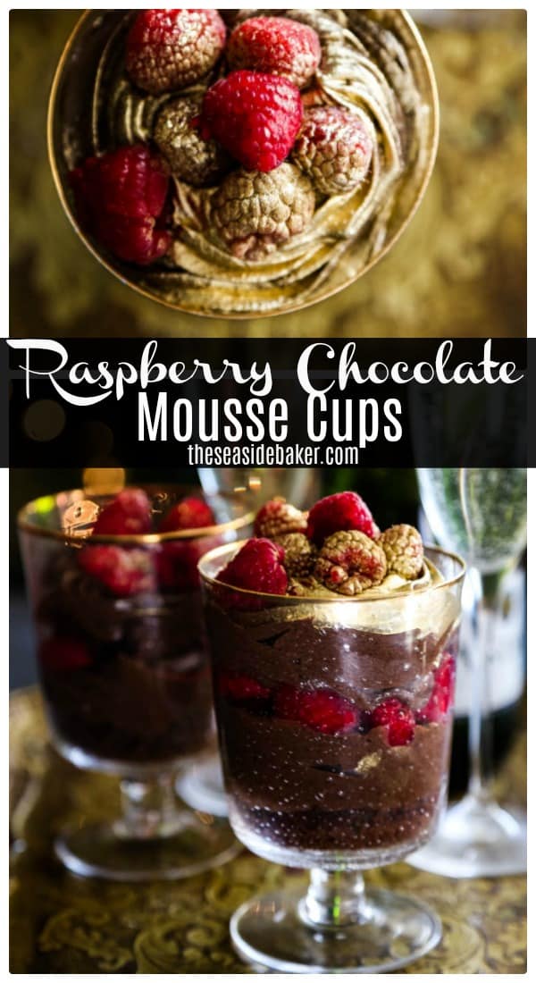 Raspberry Chocolate Mousse Cups feature an easy-to-make chocolate mousse, fresh raspberries, a small layer of brownie, and lots of edible gold dust for a dessert that's actually EASY to make - but definitely with a WOW factor! | #TheSeasideBaker #chocolatemousse #dessertrecipe | See this and other delicious recipes at TheSeasideBaker.com