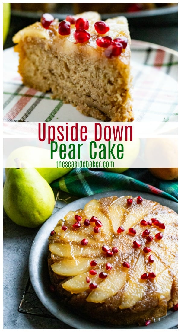 This Pear Upside Down Cake puts a seasonal twist on a traditional favorite. Swapping pineapple for sweet and juicy pears delivers lots of festive - and juicy - flavor. Not to mention a stunning presentation that is perfect for your holiday table.! | #TheSeasideBaker #UpsideDownCake #desserts | See this and other delicious recipes at TheSeasideBaker.com