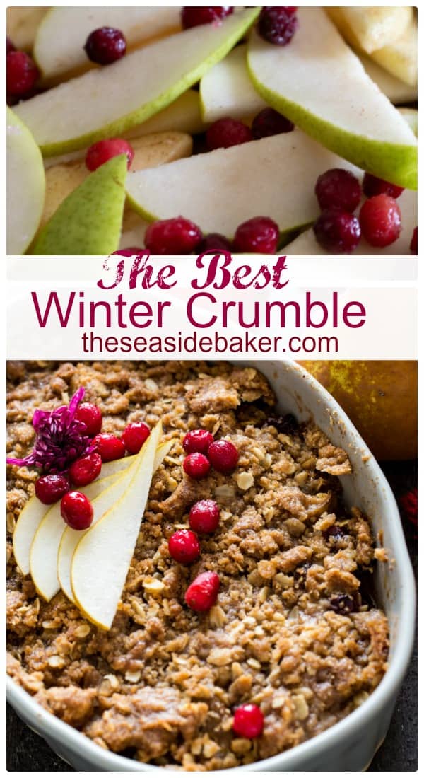 Winter Fruit Crisp! | In this delicious recipe, apples, pears and cranberries combine with seasonal spices to make this delightful winter crisp the perfect treat for this time of year. It has all the wonderful flavors of pie, but is much easier and faster to make. Pair it with a generous dollop of cinnamon-spiked whipped cream to make it extra festive. Perfect for all those holiday potlucks and parties since you can assemble it ahead of time and serve later! | #theseasidebaker #applecrisp