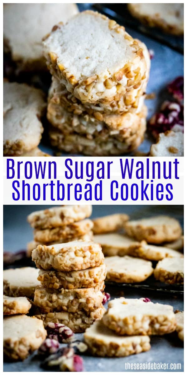 These Brown Sugar Walnut Shortbread Cookies give you delicious homemade flavor, with just 4 simple ingredients and only 10 minutes of prep time! Why settle for those bland tasting store-bought tubes of slice and bake cookies when you can easily make your own?!! | #TheSeasideBaker #ShortbreadCookies #cookierecipes | See this and other delicious recipes at TheSeasideBaker.com
