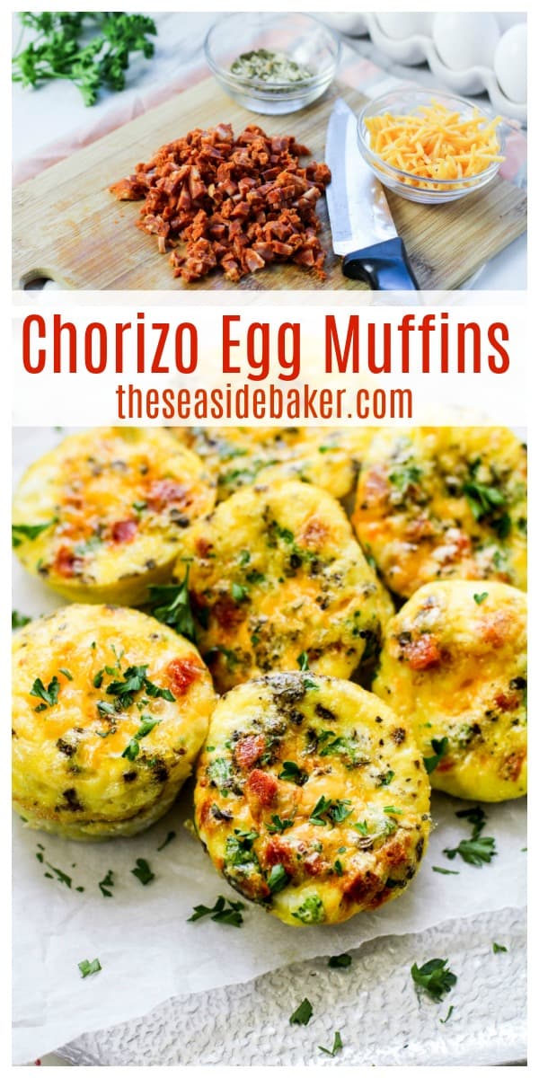 Chorizo Egg Muffins are a hearty and tasty protein-packed way to start your day. They make the perfect grab and go breakfast for busy mornings! And you can make them ahead of time! It's such a healthy way to start the day - but so delicious, you won't even realize you are eating healthy)! Try swapping the chorizo for bacon or adding in some veggies. So many possibilities! | #TheSeasideBaker #breakfastrecipe #brunch #eggrecipe | See this and other delicious recipes at TheSeasideBaker.com