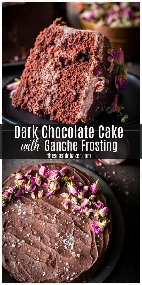 This Dark Chocolate Cake with Chocolate Ganache Frosting is so rich and so decadent, it will satisfy even the most die-hard chocoholics! You'll want to serve this on all your special occasions - Valentine's Day, Christmas, anniversaries, birthdays and graduations too. So moist, you can almost serve it without any frosting at all. But topping this delectable cake with rich, creamy chocolate ganache frosting makes it that much better. | #TheSeasideBaker, #chocolate #cakerecipe #ValentinesDay