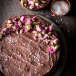 Dark Chocolate Cake with Ganache Frosting and dried roses