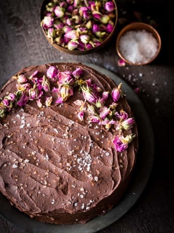 Dark Chocolate Cake with Ganache Frosting and dried roses